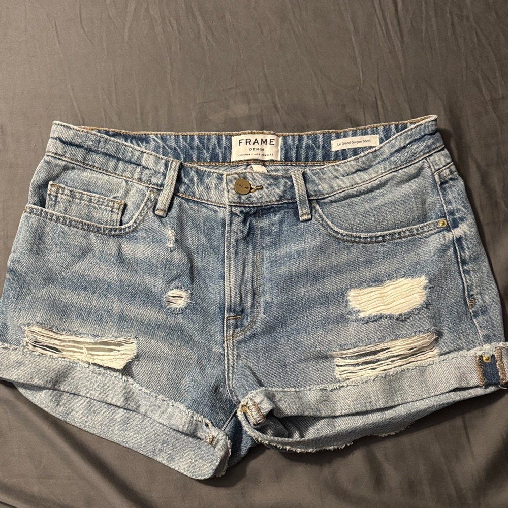 Frame Denim Light Blue Distressed Cuffed Jean Shorts